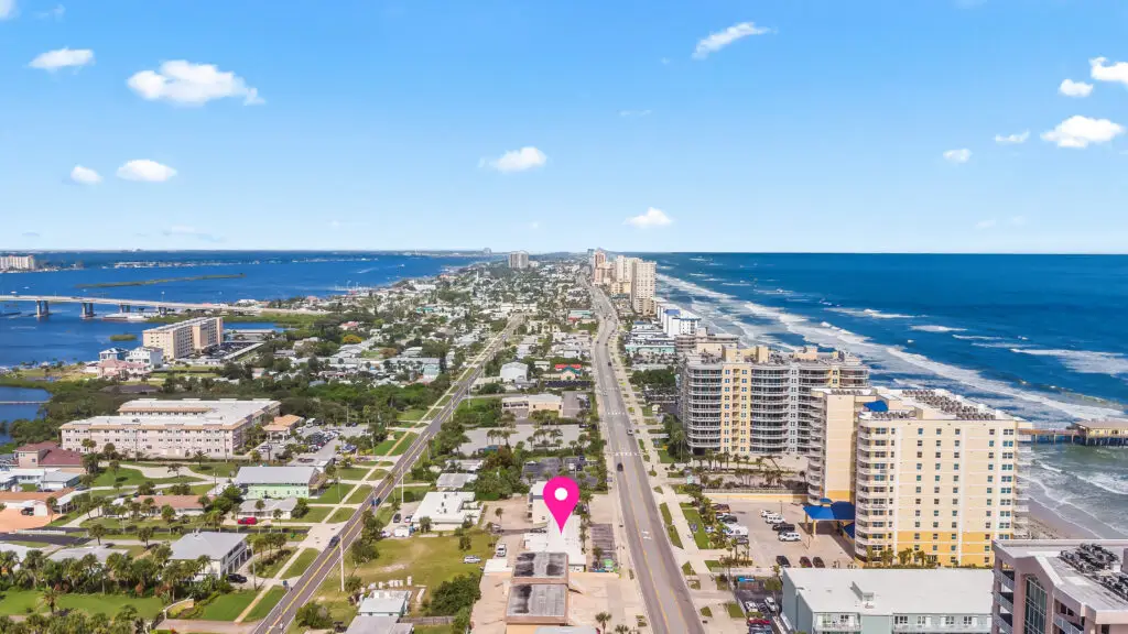 Aerial view of Atlantic Shores Motel in Daytona Beach Shores FL, oceanfront motel just steps from the beach